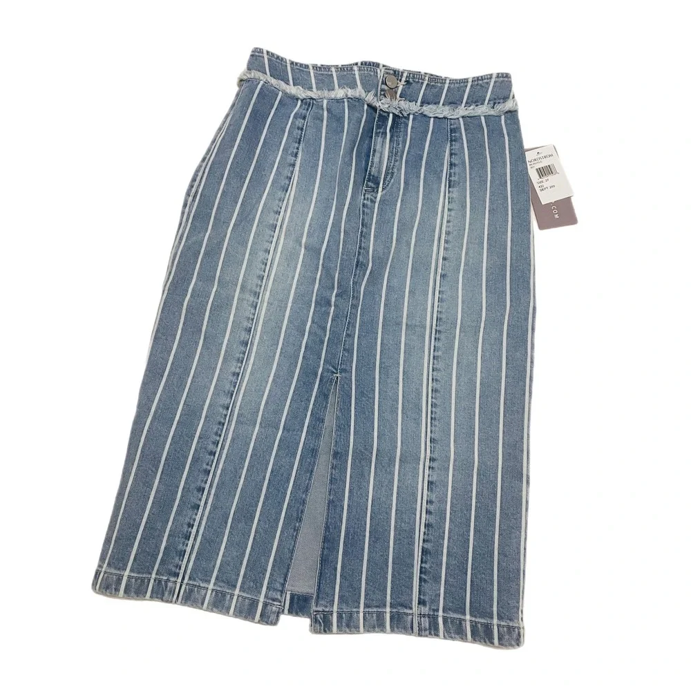 NWT Wash Lab Sally‎ Classic Stripes Midi Skirt Women's 27 Striped Denim